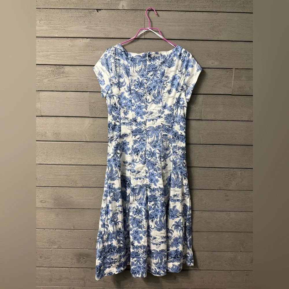 NWOT Joie White Blue Hawaiian Print Cap Sleeve Fit & Flare Midi Dress Sz 4 - Picture 3 of 14